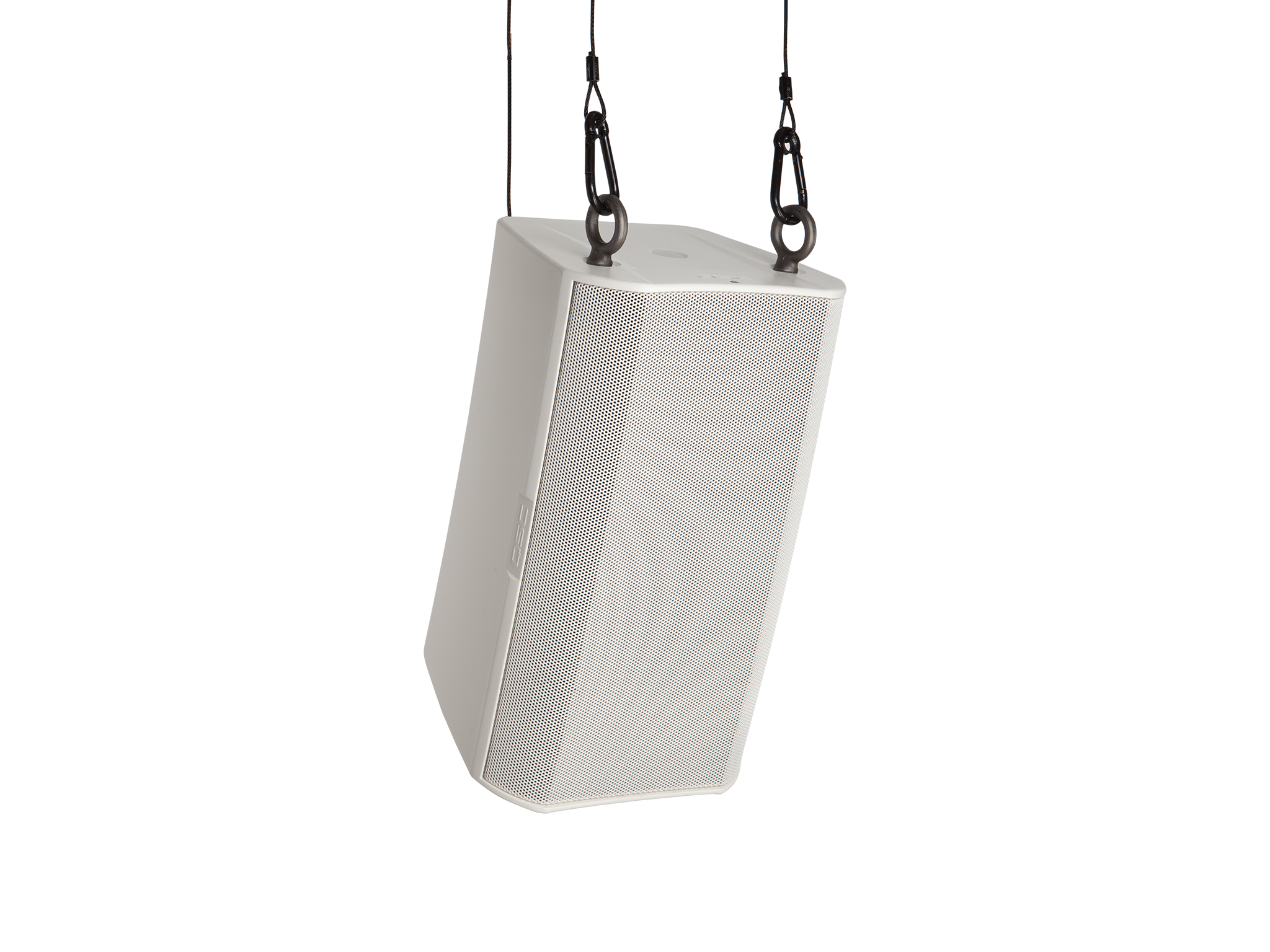 Front Right Angle Image of the White AD-S8T Loudspeaker with the M10 Eyebolt Suspension Kit