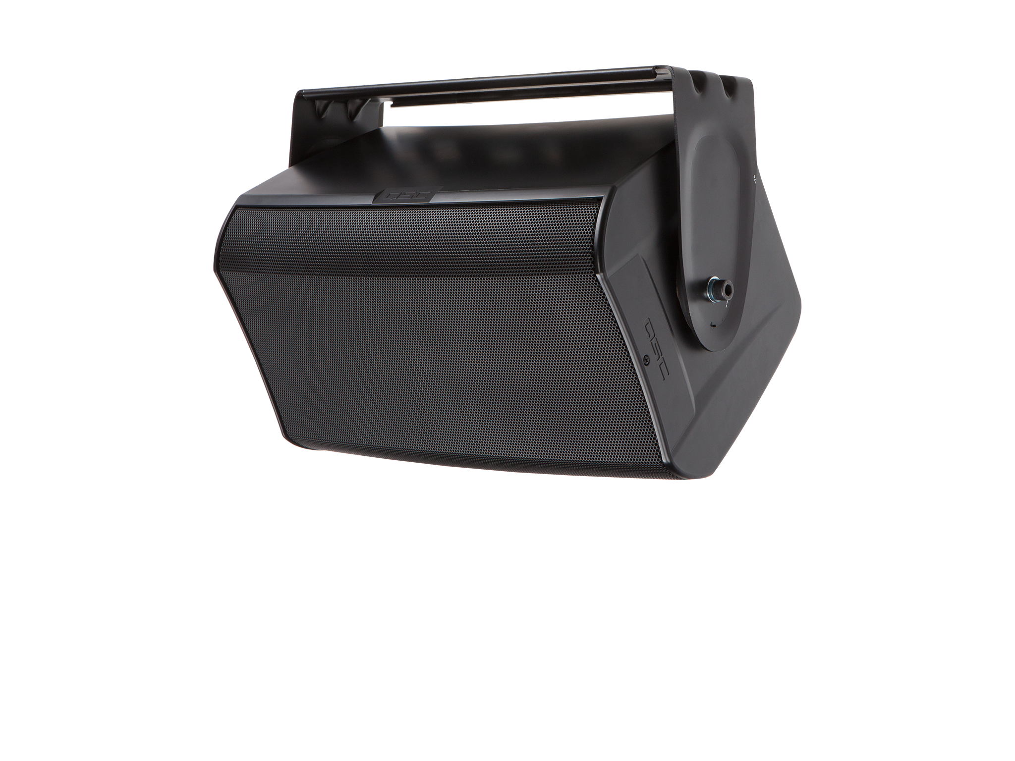 Front Left Angle Image of the Black AD-S8T Loudspeaker with Grille and Yoke Mount