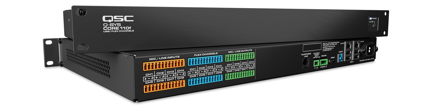 Hero (stacked front/rear) image of the Q-SYS Core 110f v2