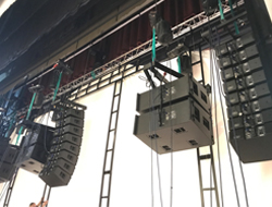 The Left, Center, and Right screen channels were delivered by three “hangs” consisting of eight QSC WL2102w line arrays with two WL218-sw subwoofers suspended behind the screen