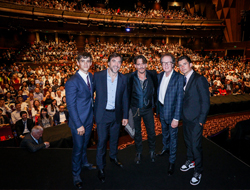 Brenton Thwaites, Javier Bardem, Johnny Depp, Geoffrey Rush, and Orlando Bloom in the Grand Theatre at Shanghai Disney