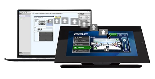 A mouse pointer dragging a UI element of an arrow from a laptop screen onto a QSC touch panel