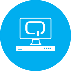 Icon of a screen displaying a large Q sitting atop a hardware device