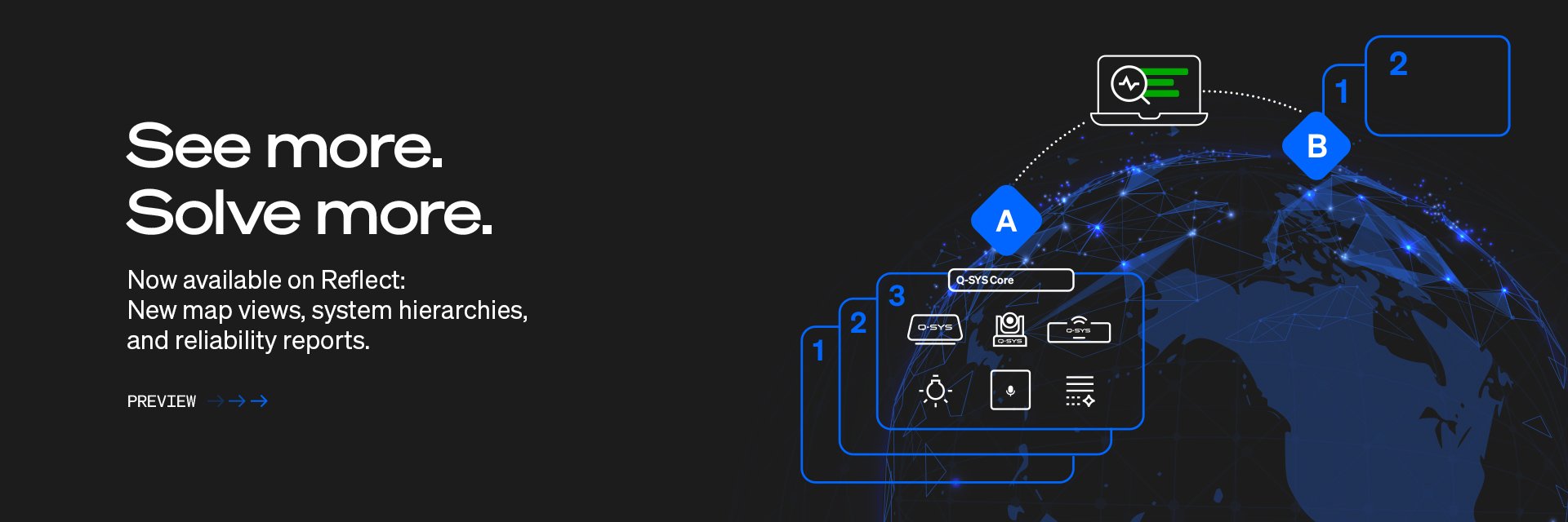Q-SYS Reflect banner text reads: 'See more, solve more;Now available on Reflect: New map views, system hierarchies, and reliability reports.'