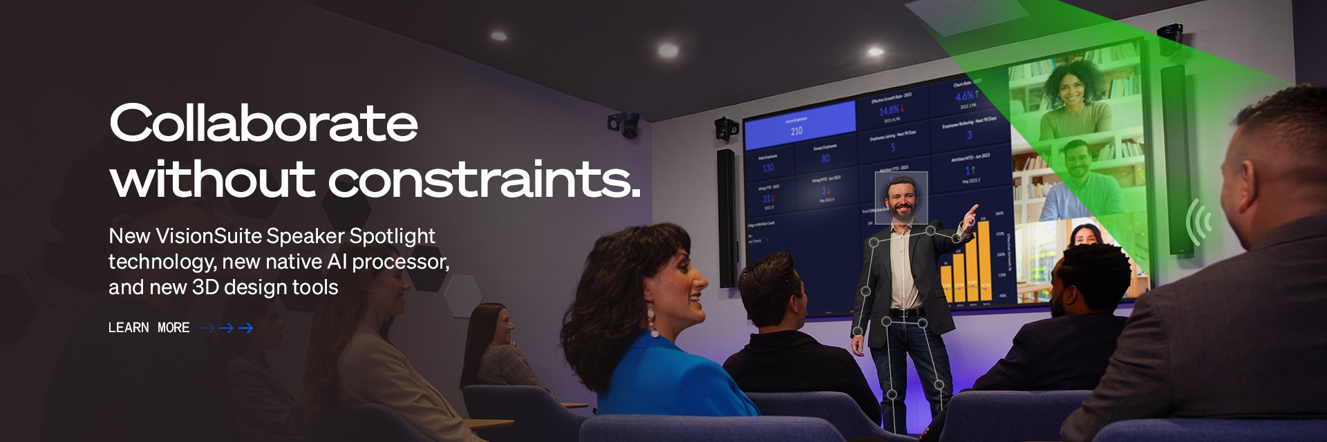 Q-SYS VisionSuite banner text reads: 'Collaborate without constraints; New VisionSuite Speaker Spotlight technology, new native AI processor, and new 3D design tools'