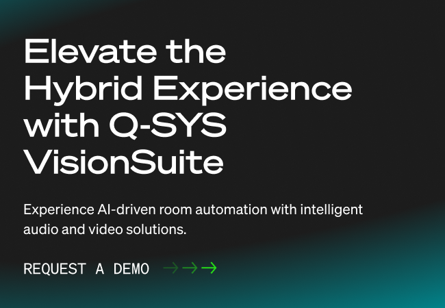 Q-SYS VisionSuite banner text reads: 'Experience AI-driven room automation with intelligent audio and video solutions'